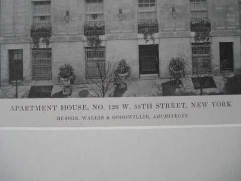Apartment House, No. 126 W. 55th St., New York NY, 1915. Wallis & Goodwillie. Lithograph