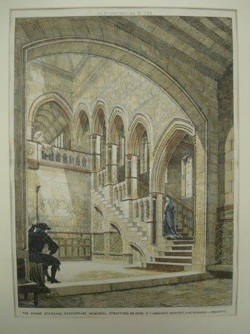 Grand Staircase of the Shakespeare Memorial in Stratford-on-Avon, England 1884. W. F. Unsworth. Original Plan
