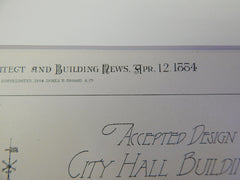 City Hall, Erie, PA, 1884, D K Dean, Architect, Original Plan Hand Colored