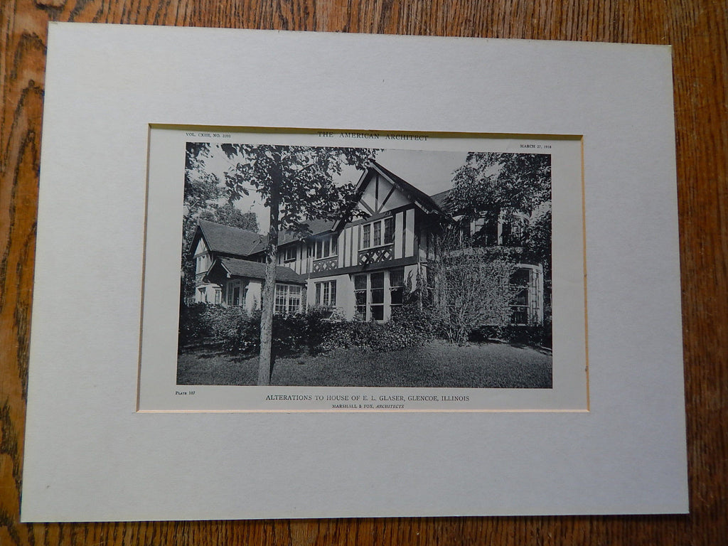 Exterior Alterations, House E.L. Glaser, Glencoe, IL, 1918. Marshall & Fox. Lithograph