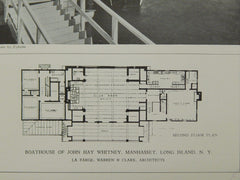 Exterior, Boathouse of John Hay Whitney, Manhasset, NY, 1929, Lithograph. La Farge, Warren & Clark.