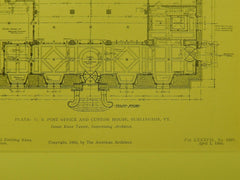 US Post Office and Custom House, Burlington, VT, 1905, Original Plan. James Knox Taylor.