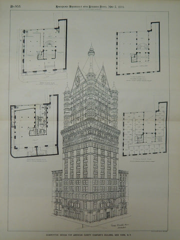 Competitive Design, American Surety Company's Building, New York, NY, 1894, Original Plan.  George Martin Huss.
