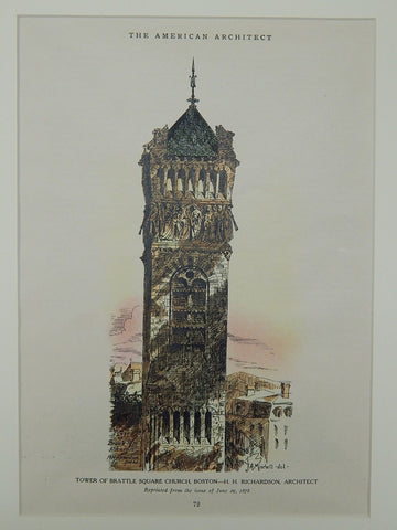 Tower of Brattle Square Church, Boston, MA, 1878, Original Plan. H.H. Richardson.