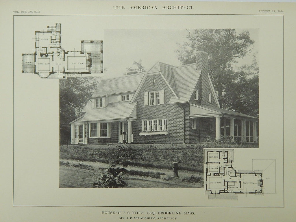 House of J. C. Kiley, Esq., Brookline, MA, 1914, Lithograph.  J. E. McLaughlin.