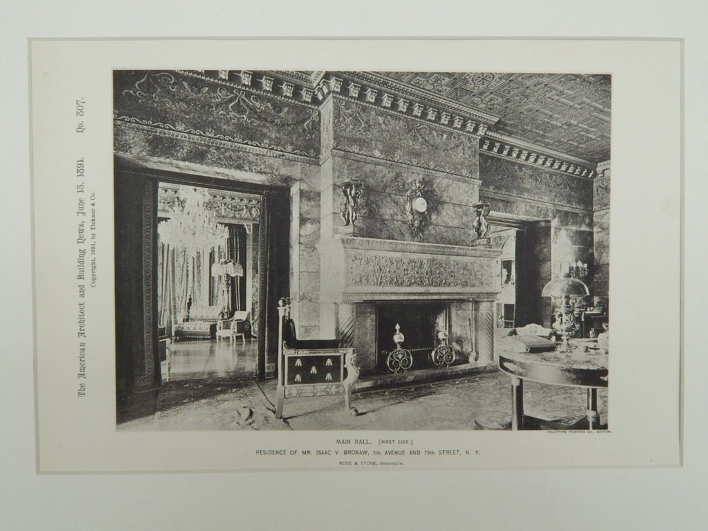 West Main Hall, Residence of Isaac V. Brokaw, New York, NY, 1891, Gelatine Print.  Rose & Stone.