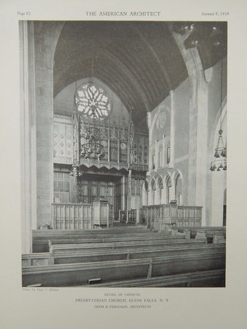 Detail of Chancel, Presbyterian Church, Glens Falls, NY, 1929, Lithograph. Cram & Ferguson.