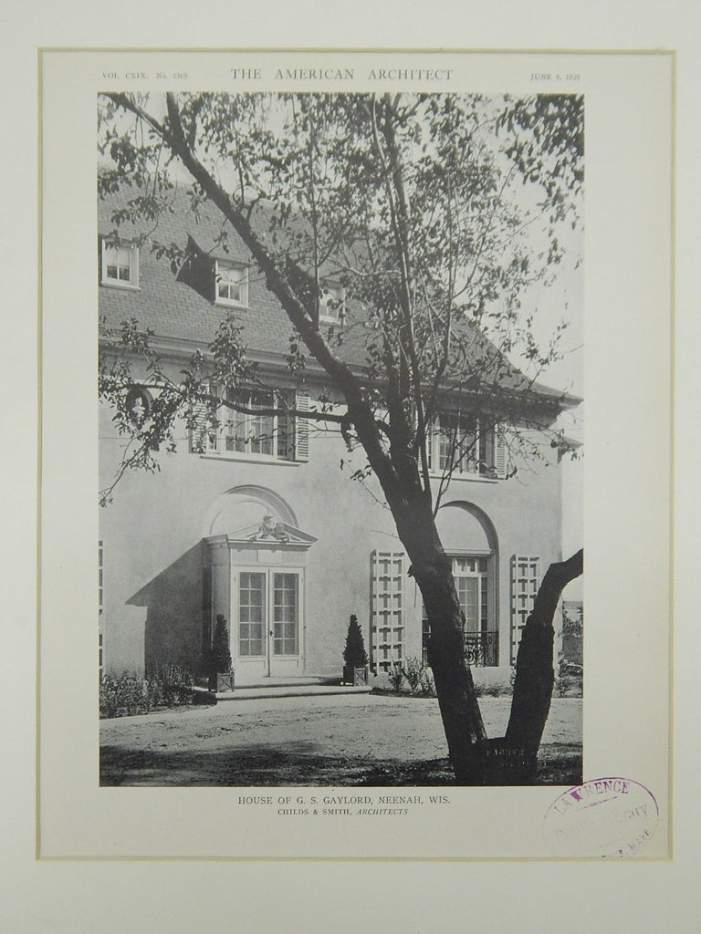 House of G. S. Gaylord, Neenah, WI, 1921, Photogravure. Childs & Smith.