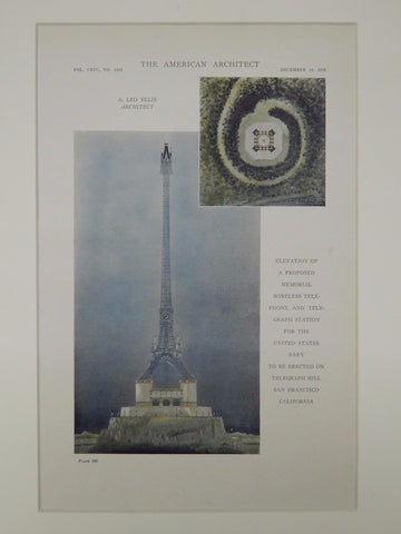 Proposed Memorial Station, Telegraph Hill, San Francisco, CA, 1918, Original Plan. A. Leo Ellis.