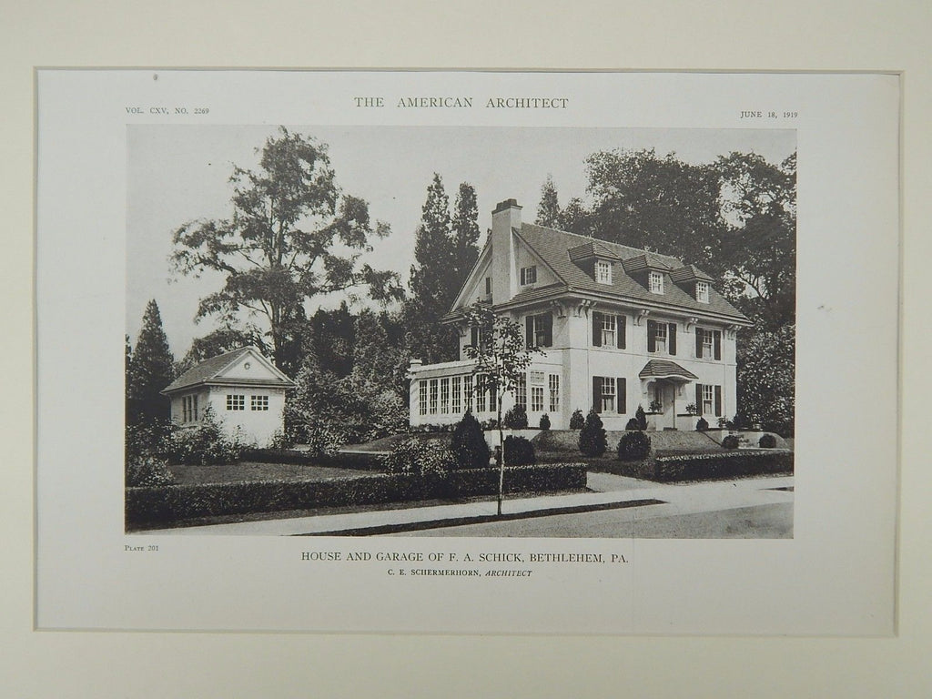 House and Garage of F. A. Schick, Bethlehem, PA, 1919, Lithograph. C. E. Schermerhorn.