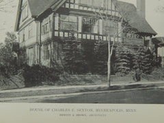 Exterior, House of Charles E. Sexton, Minneapolis, MN, 1918, Lithograph. Hewitt & Brown.