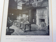 House of Allan S.Lehman, Great Hall, Tarrytown on Hudson, NY, 1919, Lithograph. John Russell Pope.