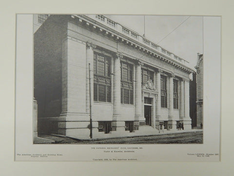 The National Mechanic's Bank, Baltimore, MD, 1906, Lithograph. Taylor & Knowles.