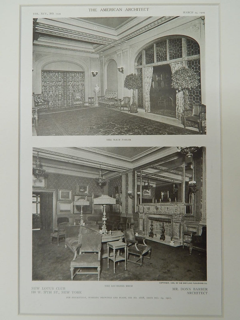 The Lounging Room, New Lotus Club, New York, New York, 1909, Lithograph. Mr. Donn Barber.