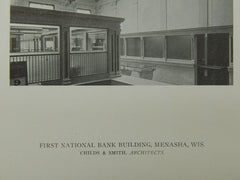 Interior, First National Bank Building, Menasha, WI, 1921, Lithograph. Childs & Smith.