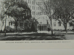Exterior, Groveland Apartment Hotel, Minneapolis, MN, 1929, Lithograph. Larsen & McLaren.