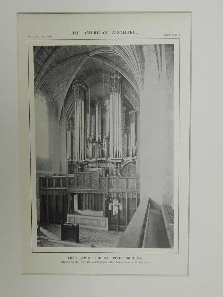 Organ, First Baptist Church, Pittsburgh, PA, 1914. Early Photograph. Cram, Goodhue, & Ferguson.