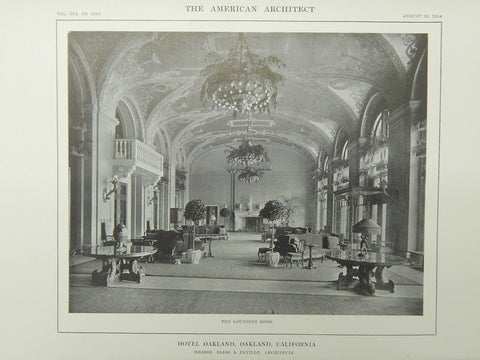 The Lounging Room, Hotel Oakland, Oakland, CA, 1914, Lithograph. Bliss & Faville.
