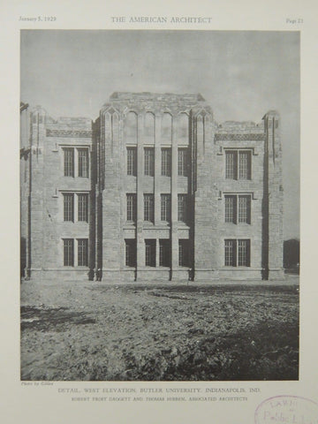 Detail, West Elevation, Butler University, Indianapolis, IN, 1929, Lithograph. Daggett & Hibben.