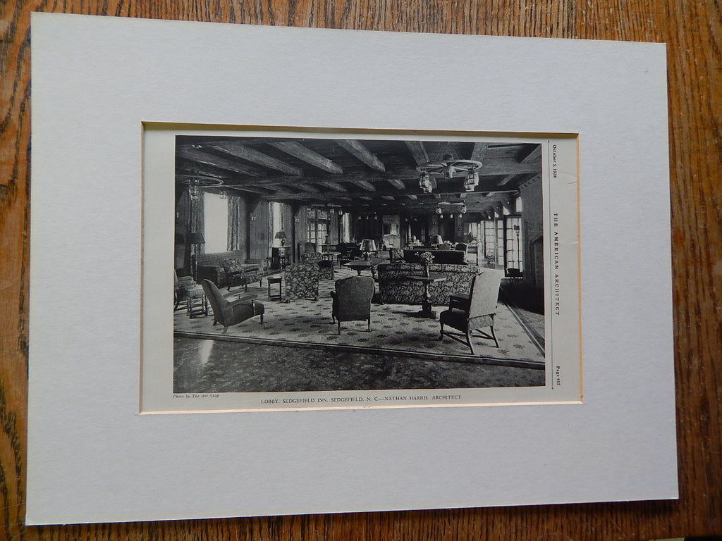 Lobby, Sedgefield Inn, Sedgefield, NC, 1928, Lithograph. Nathan Harris.