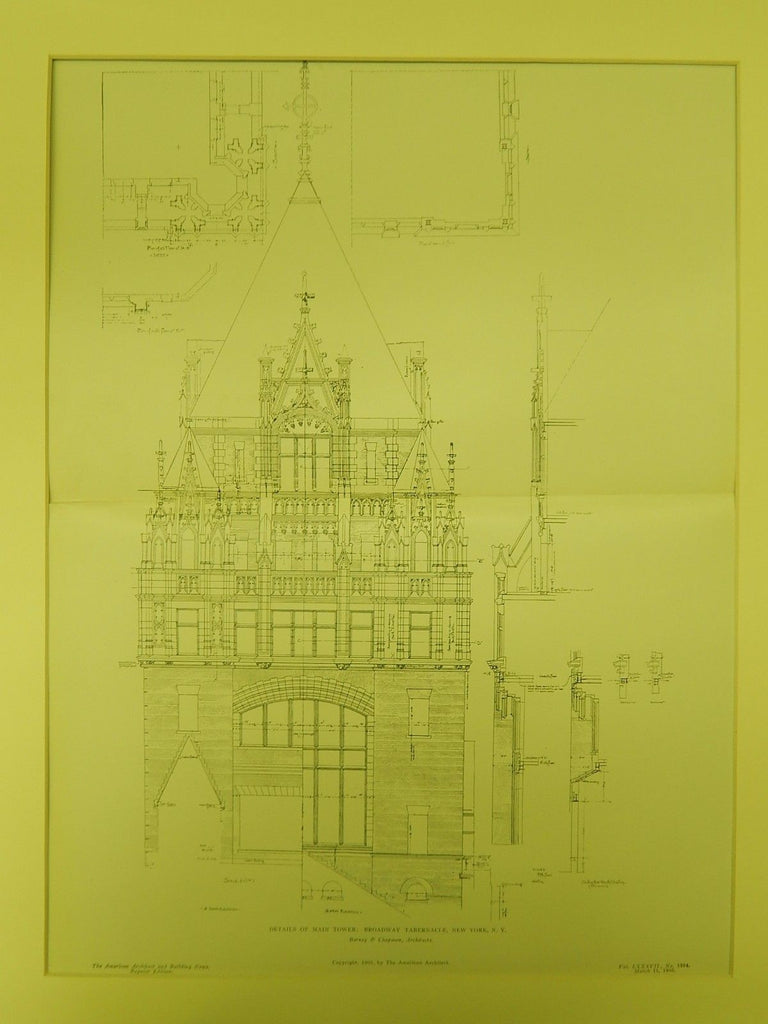 Details of Main Tower, Broadway Tabernacle, New York, NY, 1905, Original Plan. Barney & Chapman