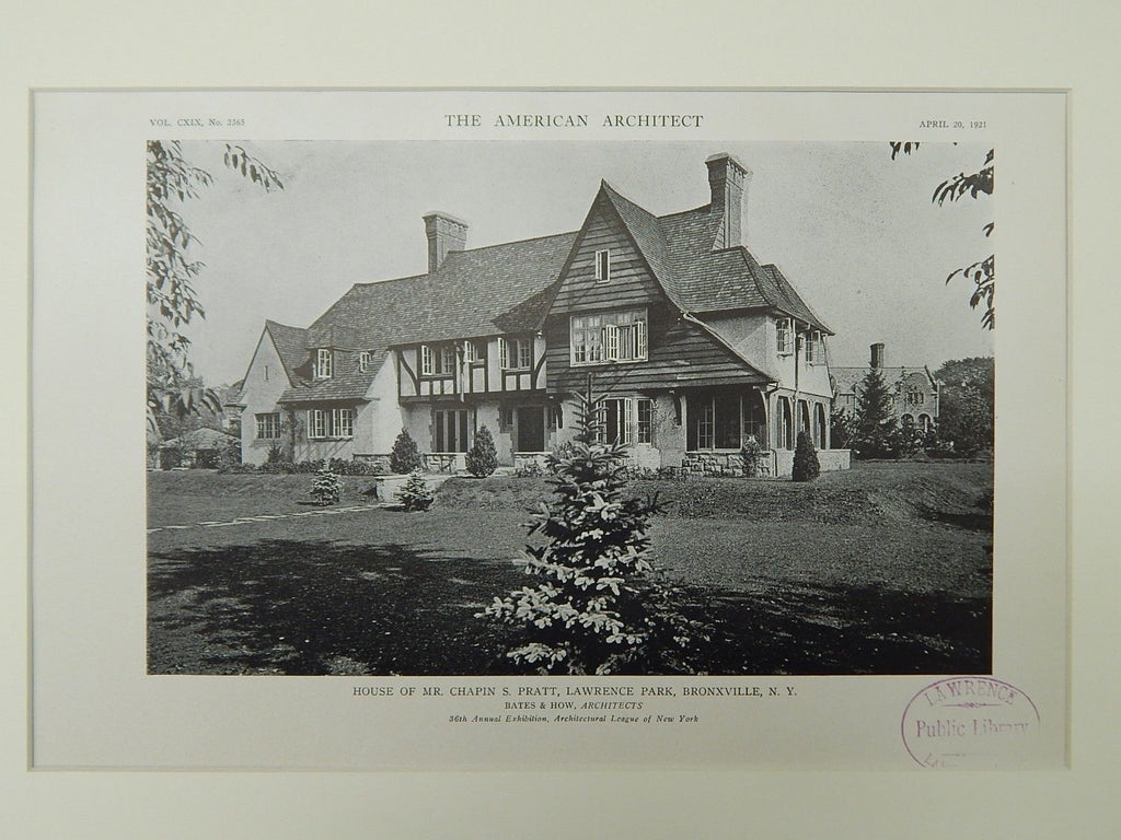 House of Mr. Chapin S. Pratt, Lawrence Park, Bronxville, NY, 1921, Lithograph.  Bates & How.