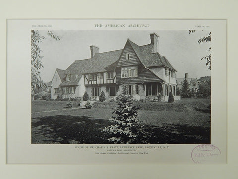House of Mr. Chapin S. Pratt, Lawrence Park, Bronxville, NY, 1921, Lithograph.  Bates & How.
