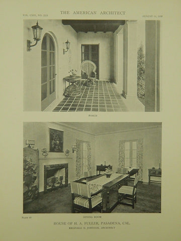 Porch & Dining Room, House of H. A. Fuller, Pasadena, CA, 1918, Lithograph. Reginald D. Johnson.