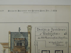 Design, Mrs. Mornington Smythe Residence, Washington, DC, 1884, Original Plan. W. Claude Frederic.