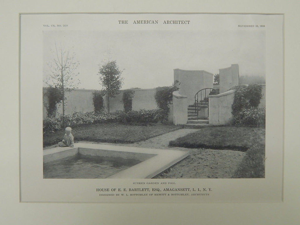 Sunken Garden & Pool, House of E. E. Bartlett, Amagansett, NY, 1916, Lithograph. W.L. Bottomley.