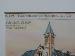 Memorial Library, Lexington, KY, 1889, Original Plan. Willis Polk.