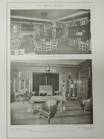 The Library, New Lotus Club, New York, New York, 1909, Lithograph. Mr. Donn Barber.