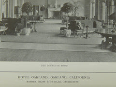 The Lounging Room, Hotel Oakland, Oakland, CA, 1914, Lithograph. Bliss & Faville.