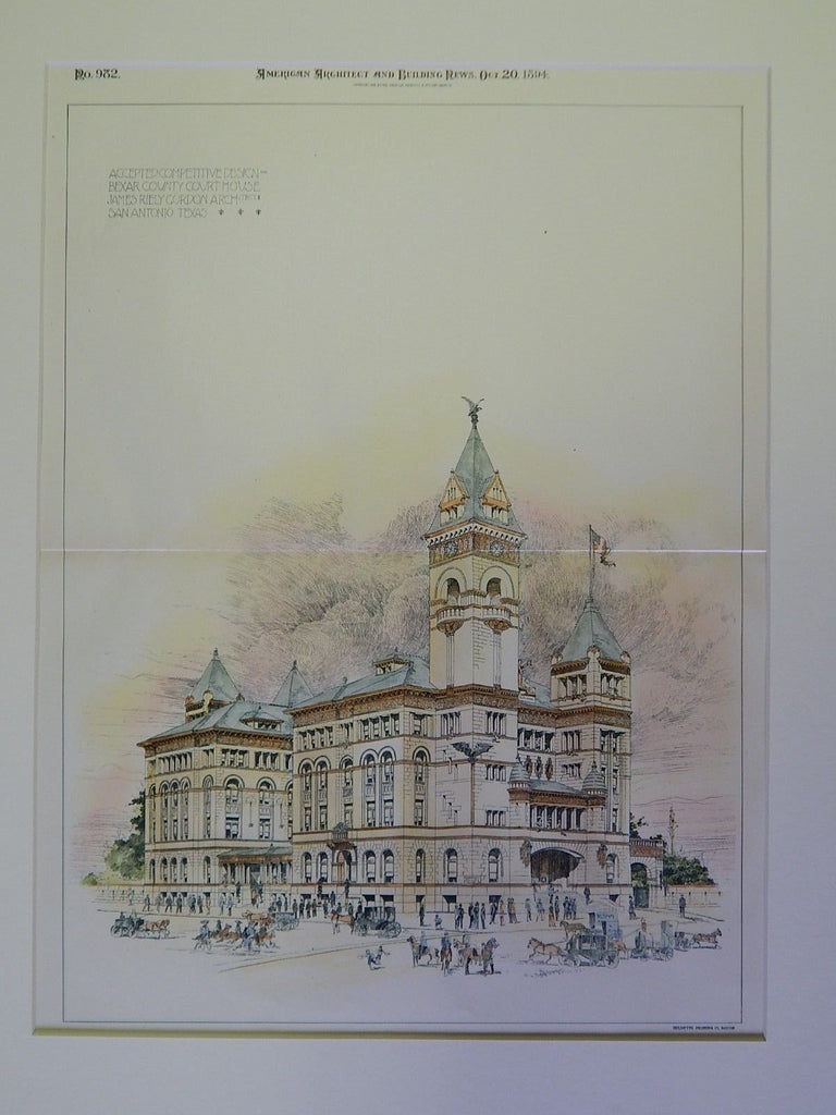 Accepted Design, Bexar County Courthouse, San Antonio, TX, 1894. Original Plan. James Riely Gordon