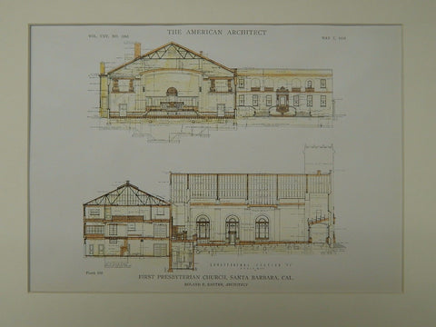 Sections, First Presbyterian Church, Santa Barbara, CA, 1919, Original Plan. Roland F. Sauter.