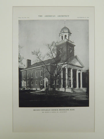 Second Unitarian Church, Brookline, MA, 1916, Lithograph. Edwin J. Lewis.