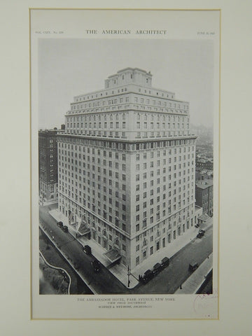The Ambassador Hotel, Park Avenue, New York, NY, 1921, Photogravure. Warren & Wetmore.