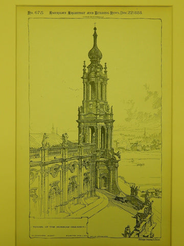 Tower of the Hofkirche in Dresden, Germany, 1888.  G. Chiaveri. Original
