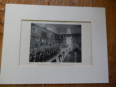 Converse Memorial Library, Main Room, Amherst College,Amherst, MA, Lithograph,1918. McKim, Mead & White.