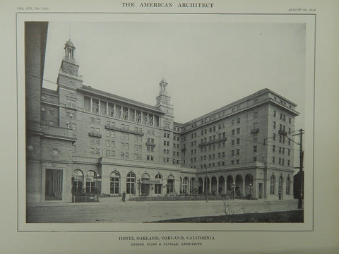 Exterior, Hotel Oakland, Oakland, CA, 1914, Lithograph.  Bliss & Faville.