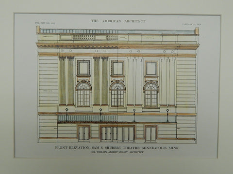 Elevation of the Sam S. Shubert Theatre in Minneapolis MN, 1913. William Albert Swasey