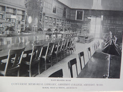 Converse Memorial Library, Main Room, Amherst College,Amherst, MA, Lithograph,1918. McKim, Mead & White.
