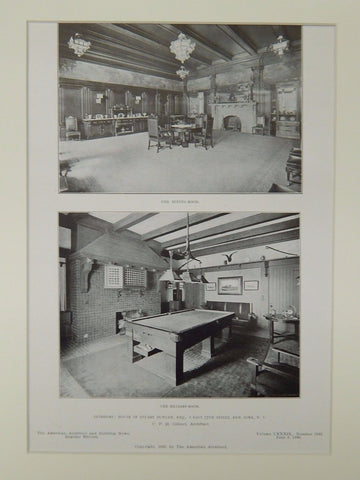 Dining & Billiard Rooms, House of Stuart Duncan, New York, NY, 1906, Lithograph. C.P.H. Gilbert.