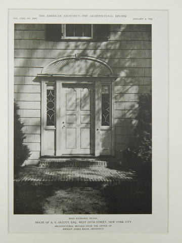Main Entrance, House of A. V. Olcott, Esq., New York, NY, 1922, Lithograph. Dwight James Baum.