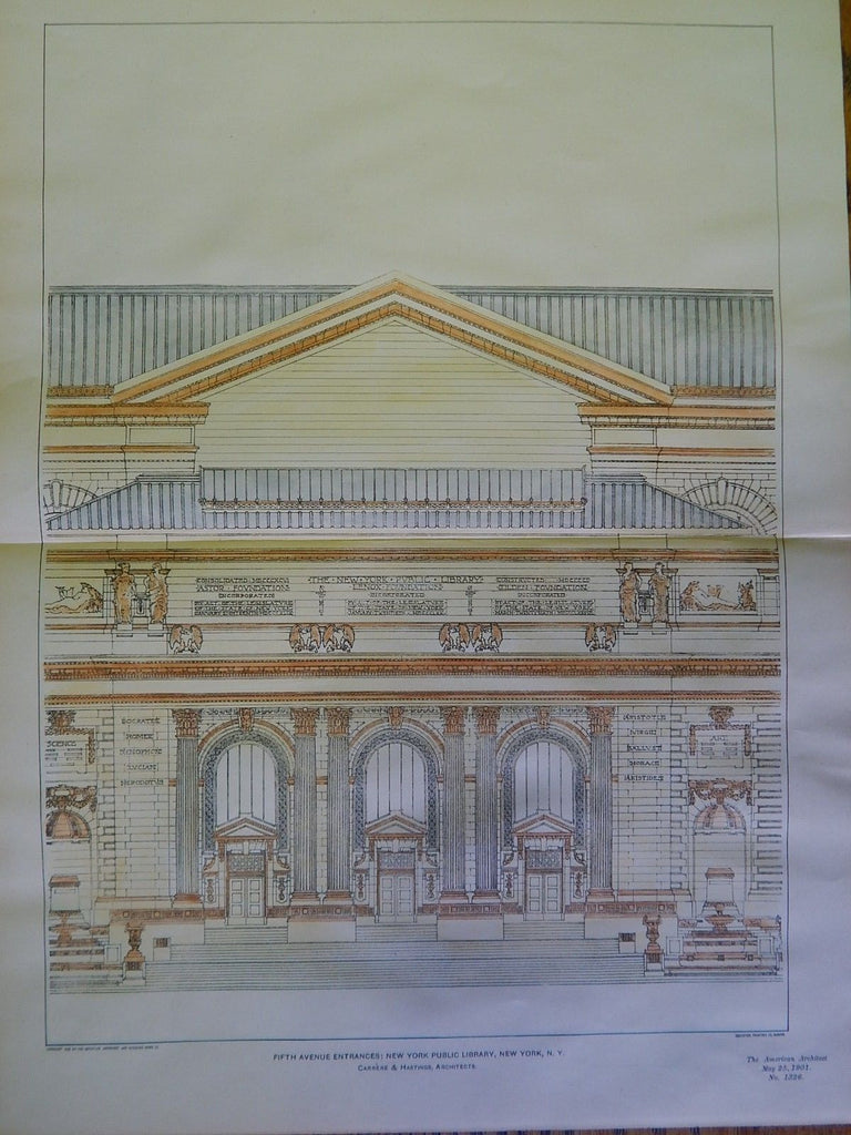 Entrances of New York Public Library, NY, 1901. Original Plan. Carrere&Hastings.