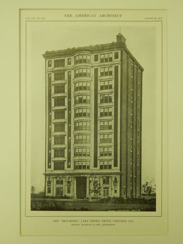 The Breakers, Lake Shore Drive, Chicago, IL, 1914, Lithograph. Marshall & Fox.