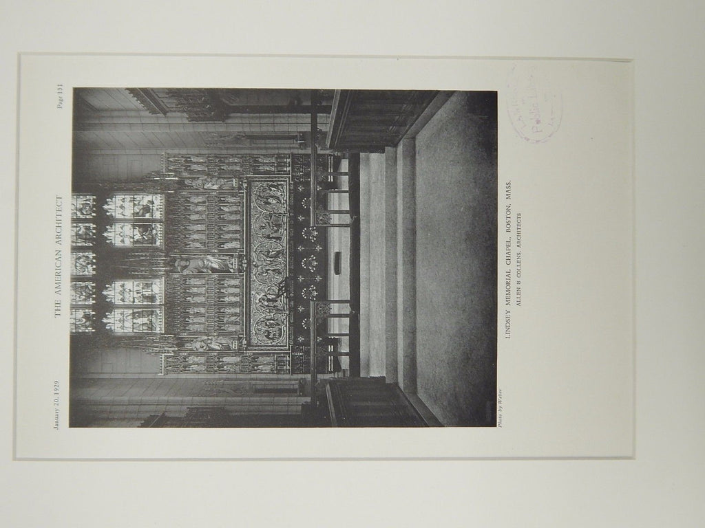 Altar, Lindsey Memorial Chapel, Boston, MA, 1929, Lithograph. Allen & Collens.