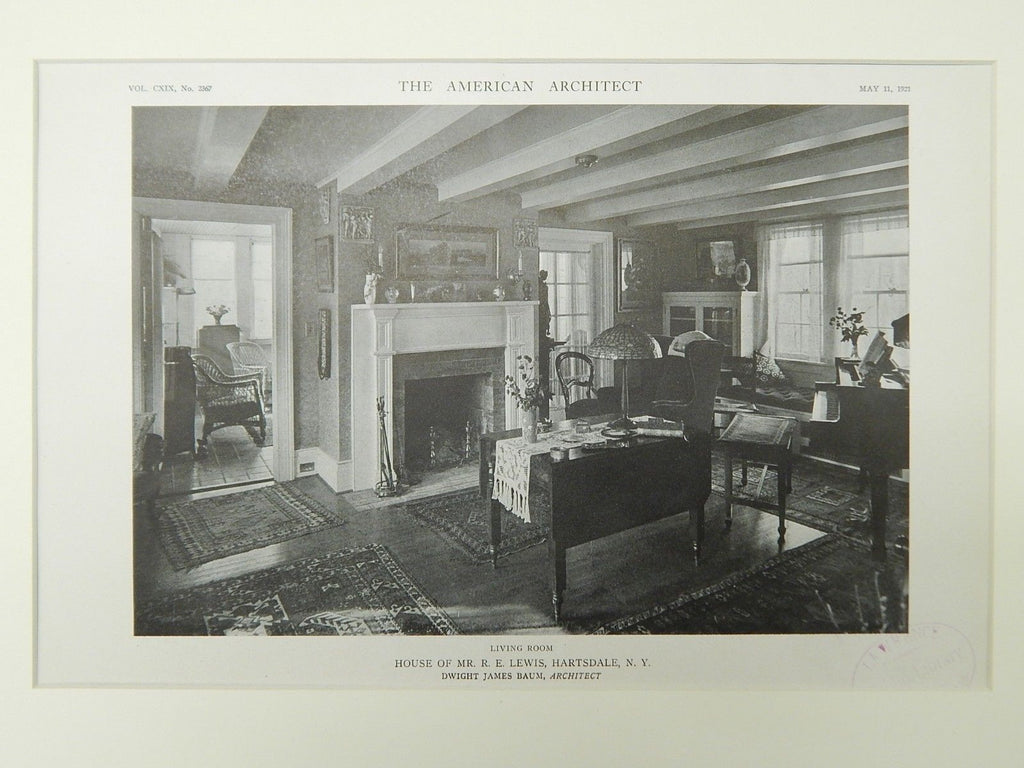 Living Room, House of Mr. R. E. Lewis, Hartsdale, NY, 1921, Lithograph. Dwight James Baum.