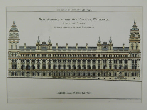 New Admiralty and War Offices, Whitehall, London, UK, 1884, Original Plan. Leeming & Leeming.