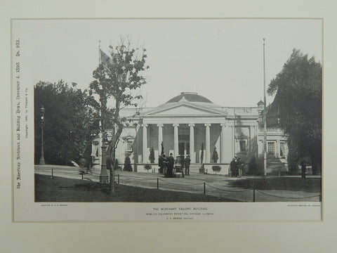 Merchant Tailors' Building, Columbian Exposition, Chicago, IL, 1895, Lithograph. S. S. Beman.